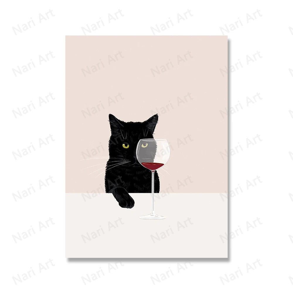 Illustration of a black cat with a wine glass on a beige background