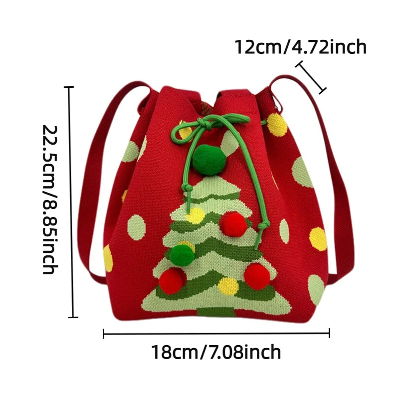 Red drawstring bag with Christmas tree design and measurements on a white background