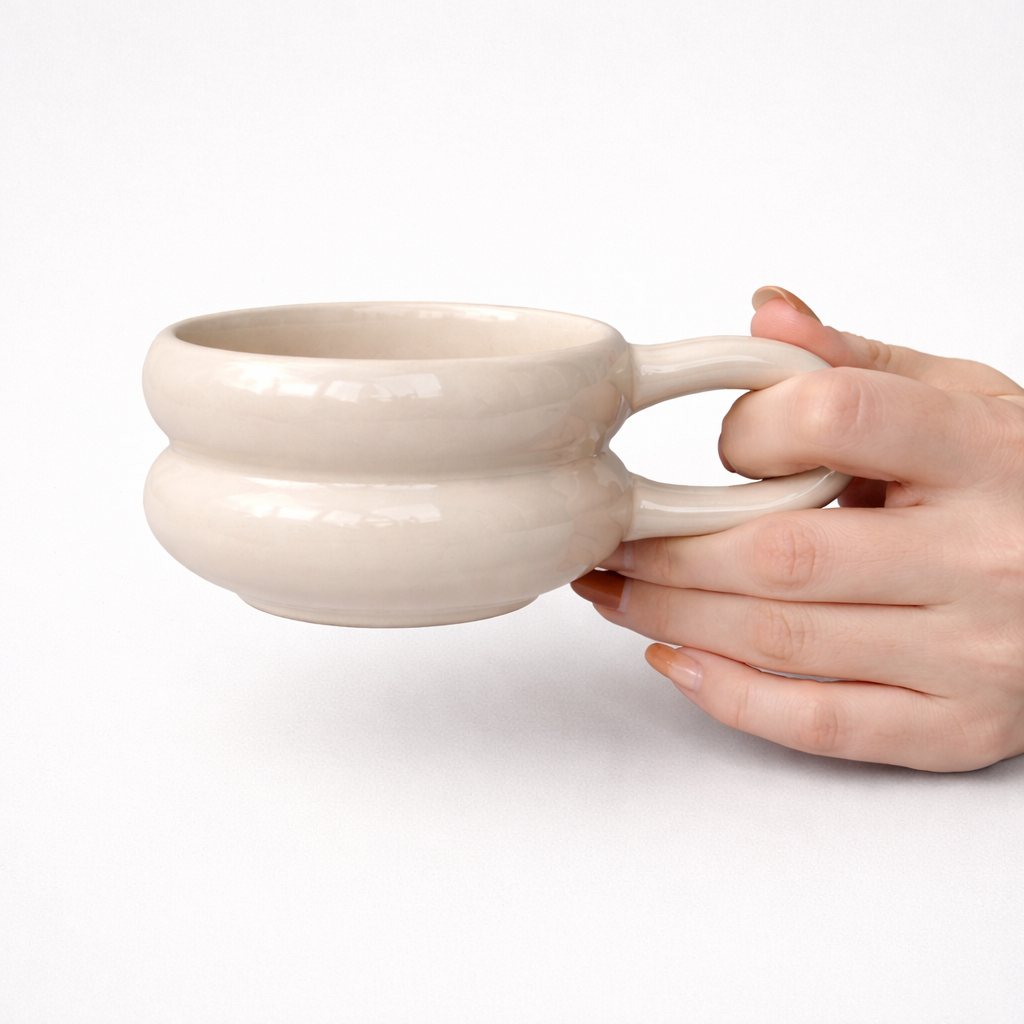 Hand holding a beige ceramic mug on a white background
