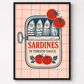 Framed poster of a sardine can design with sardines and tomatoes on a grid background.