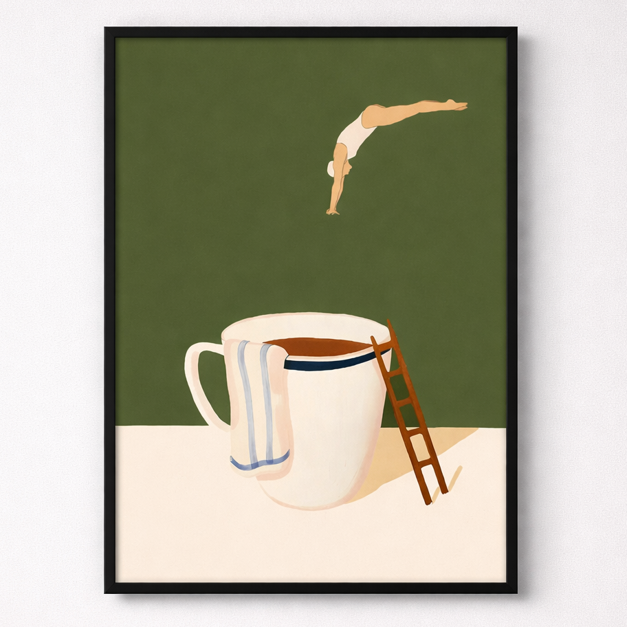 Framed artwork of a diver jumping into a coffee cup with a ladder on a green background.