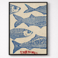 Framed artwork of blue sardines on beige background