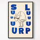 Framed artwork with a character holding a bag labeled 'SOURP' on a beige background