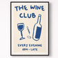 Framed poster with 'The Wine Club' text and wine graphics on a beige background
