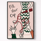 Art print with a woman in a green dress pouring a drink, text 'Fill Your Cup', on a pink background.