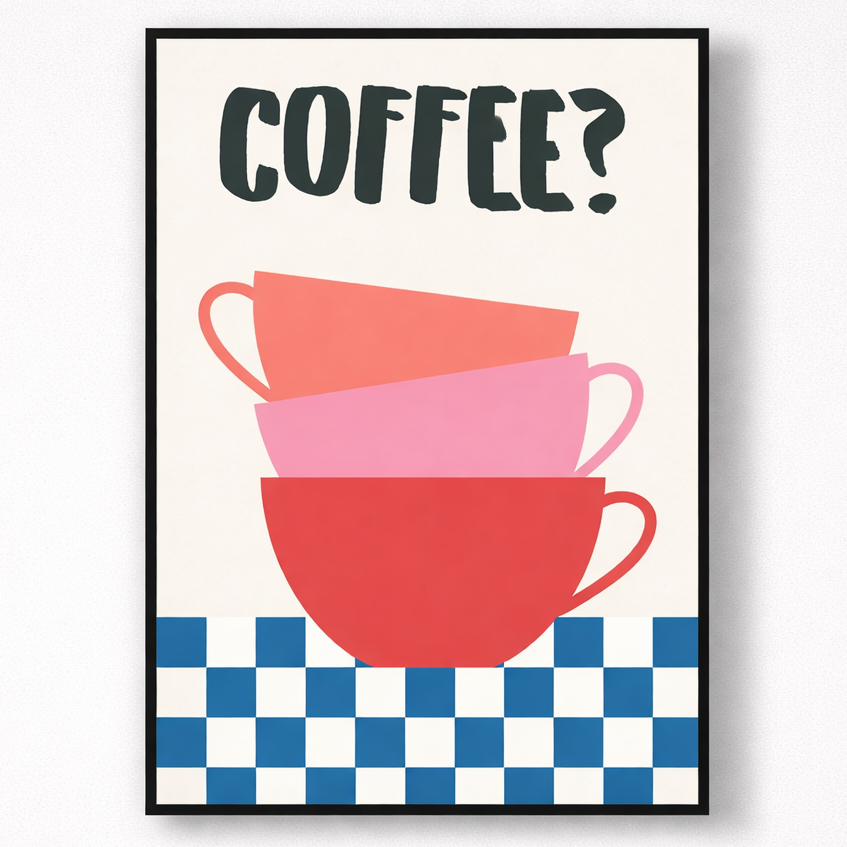 Framed poster with colorful cups and 'COFFEE?' text on a checkered background
