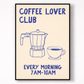 Poster with coffee maker and cup illustration and text 'Coffee Lover Club' on a beige background