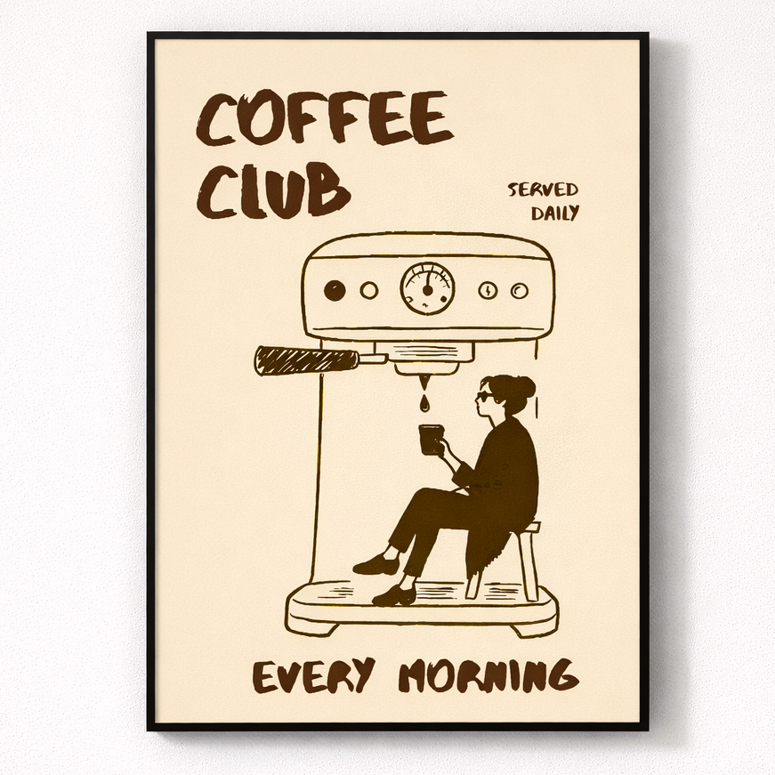 Framed poster with a coffee-themed illustration and text on a beige background