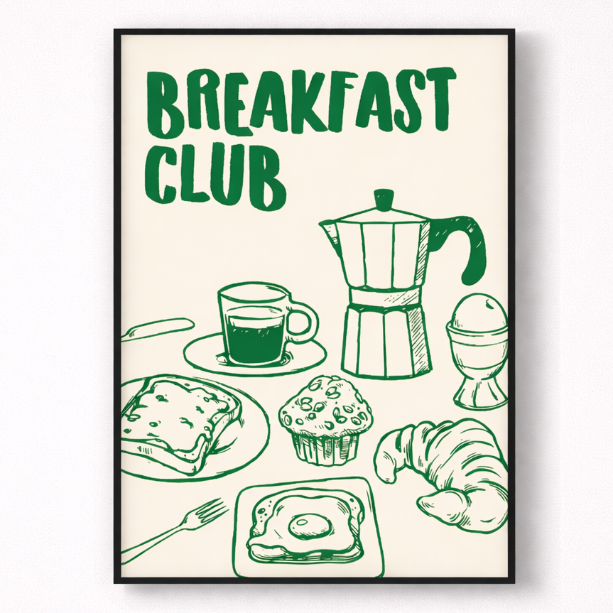 Framed artwork with 'Breakfast Club' text and illustrations of breakfast items on a white background.