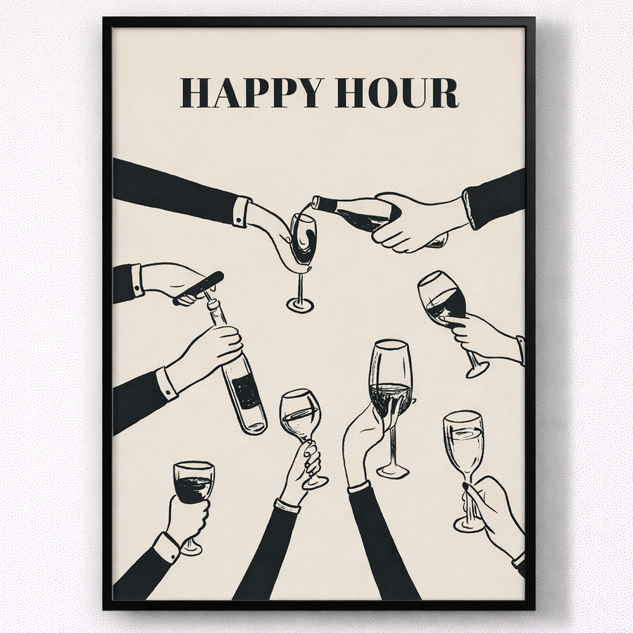 Framed artwork with hands holding drinks and 'Happy Hour' text on a white background