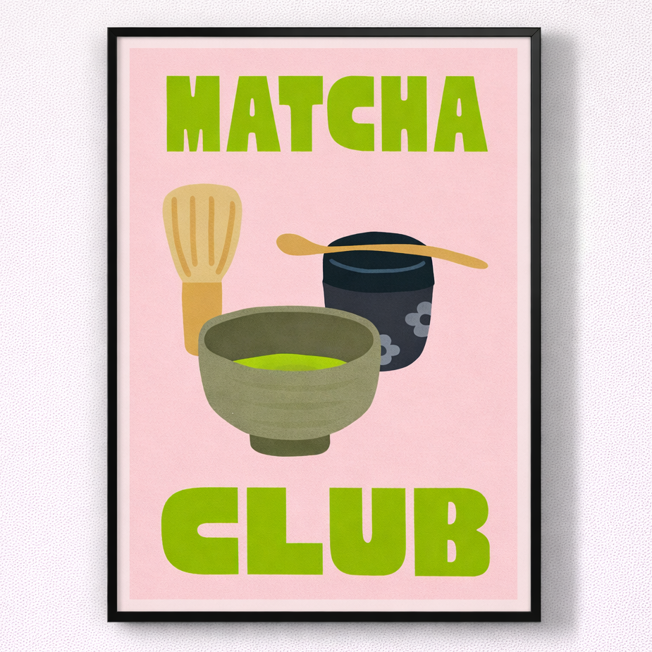 Framed poster with 'Matcha Club' text and matcha preparation elements on a pink background