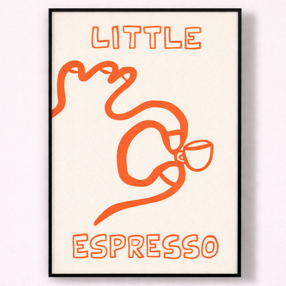 Framed poster with orange line art of a cat and coffee cup, and text 'LITTLE ESPRESSO' on a white background.