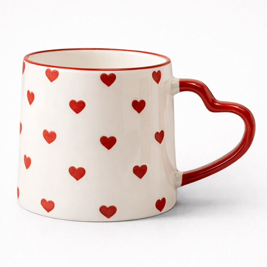 White mug with red heart pattern on a white background