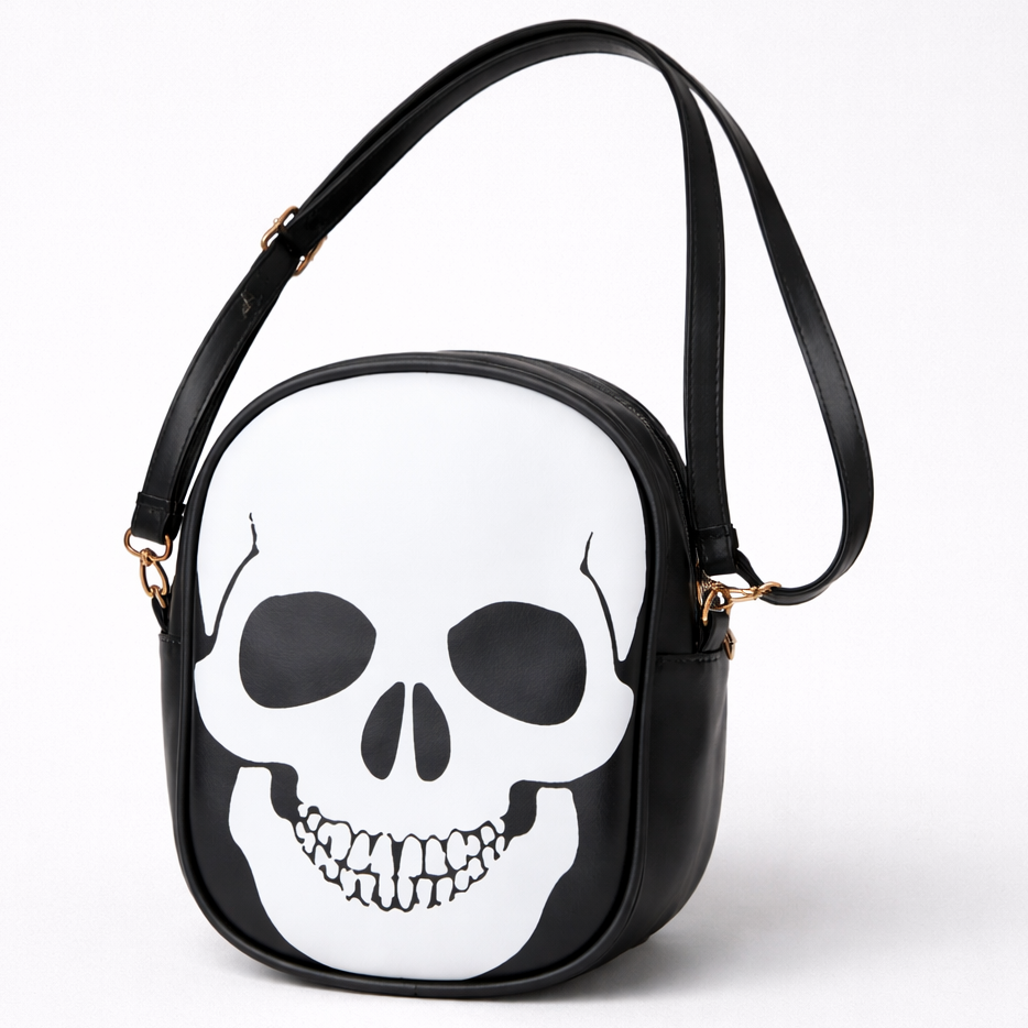 Black handbag with a white skull design on a white background
