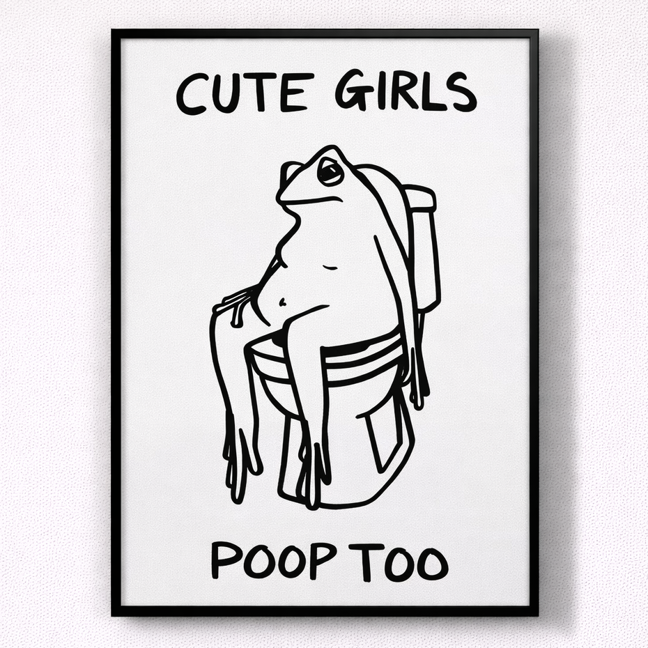 Framed artwork with a black and white illustration of a frog and text on a white background