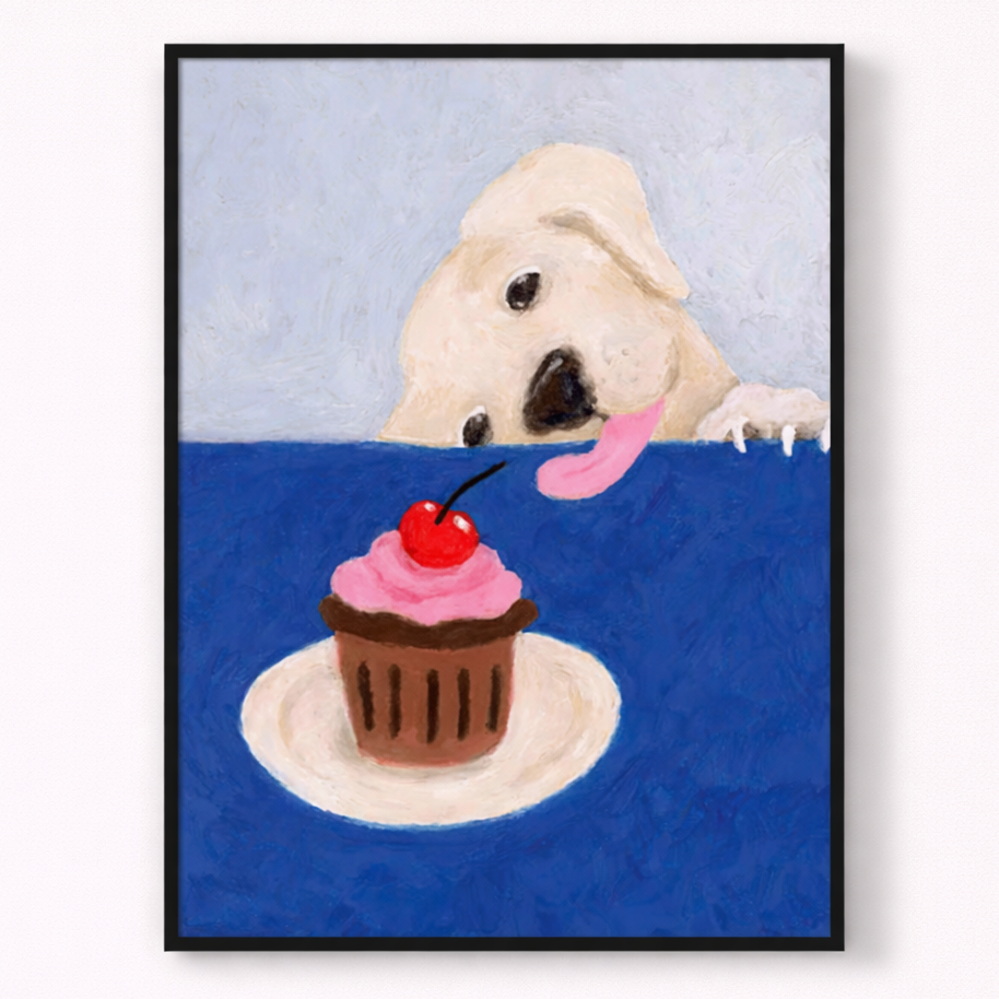 Framed artwork of a dog with a cupcake and cherry on a blue background