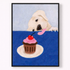 Framed artwork of a dog with a cupcake and cherry on a blue background