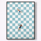 Framed artwork of two people lying on a checkered floor with blue and white tiles.