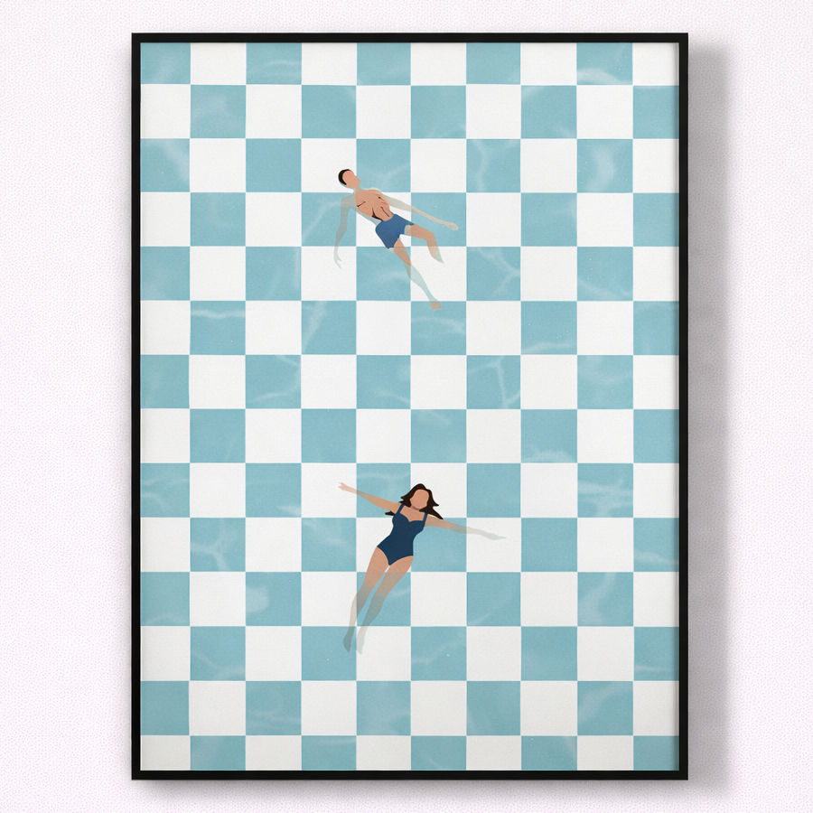Retro People in The Swimming Pool Checkerboard Canvas Print Summer Wall Art Poster Pictures for Modern Living Room Home Decor