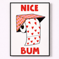 Cartoon toilet roll with hearts and text 'Nice Bum' on a white background