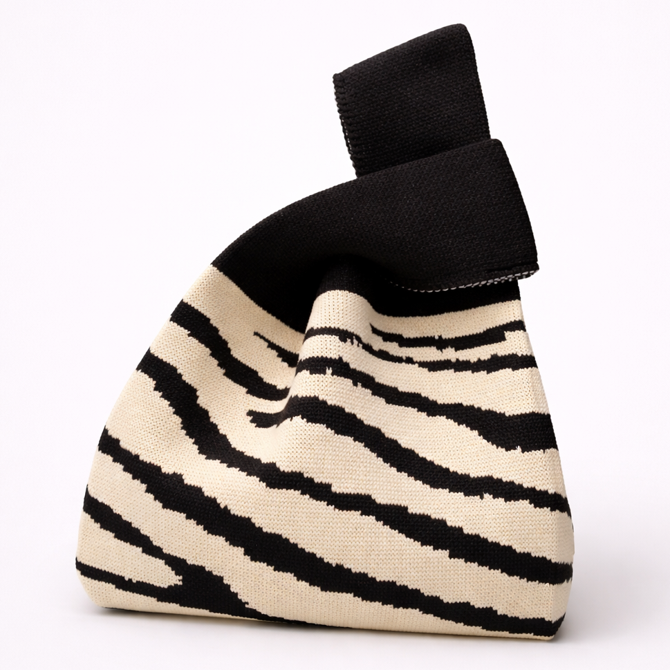 Black and white striped pouch on a white background