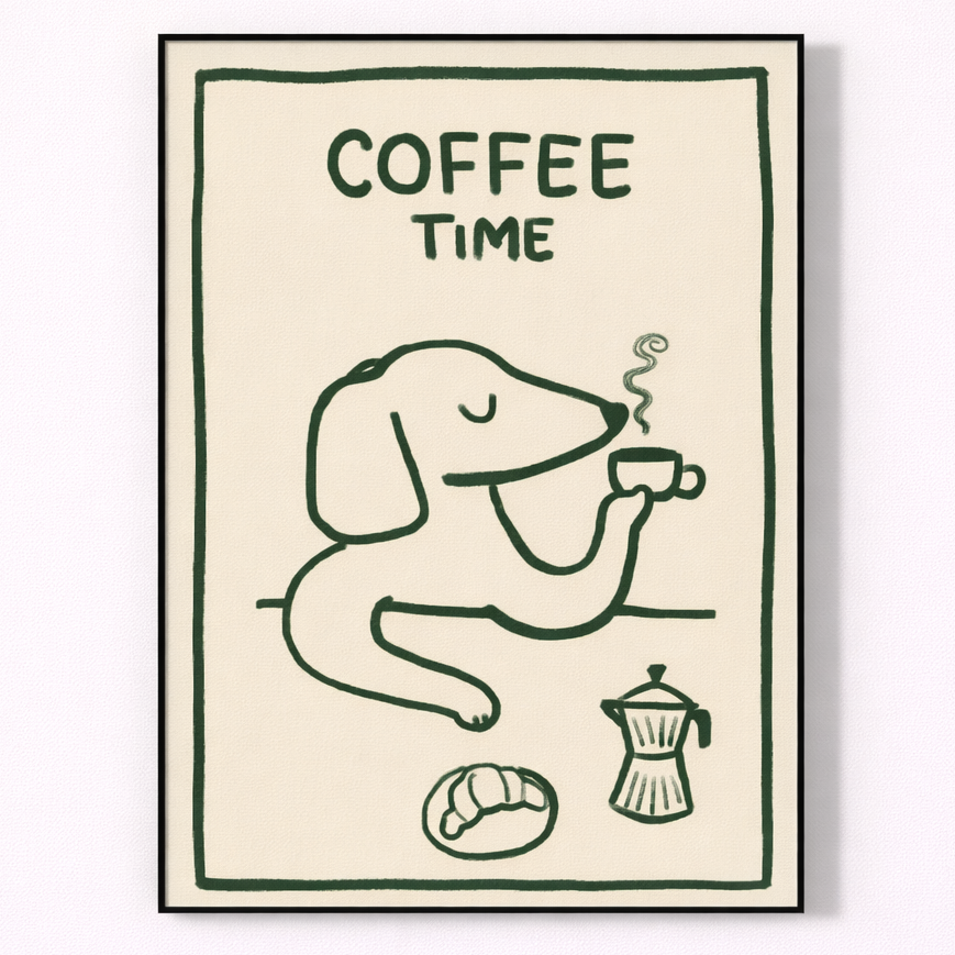 Framed artwork with a dog drinking coffee and 'Coffee Time' text on a beige background