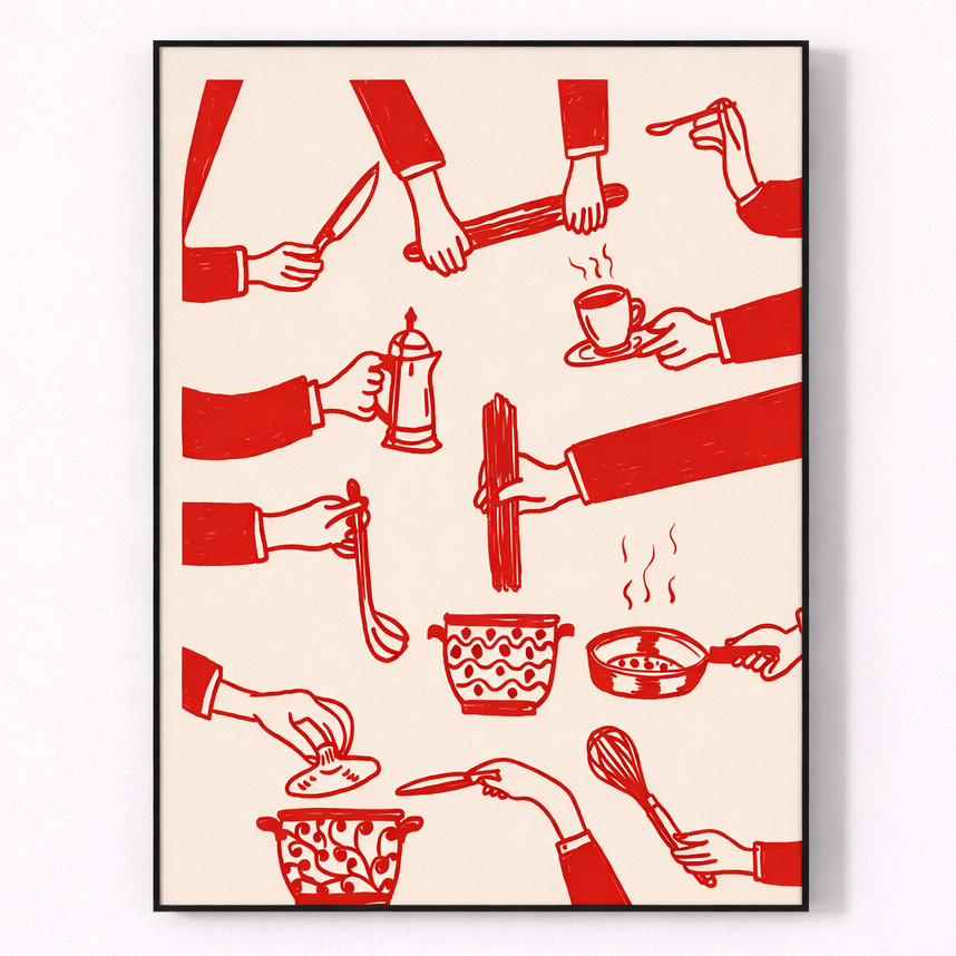 Framed artwork with red line drawings of hands and kitchen utensils on a beige background