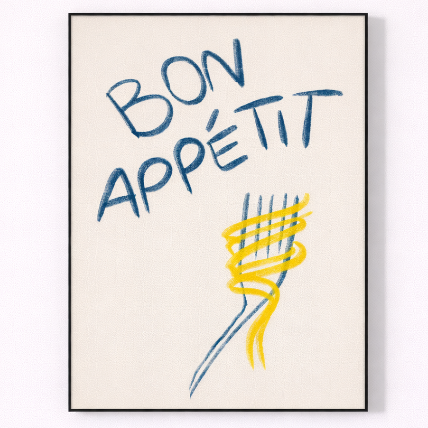 Framed artwork with 'Bon Appétit' text and a stylized fork on a white background
