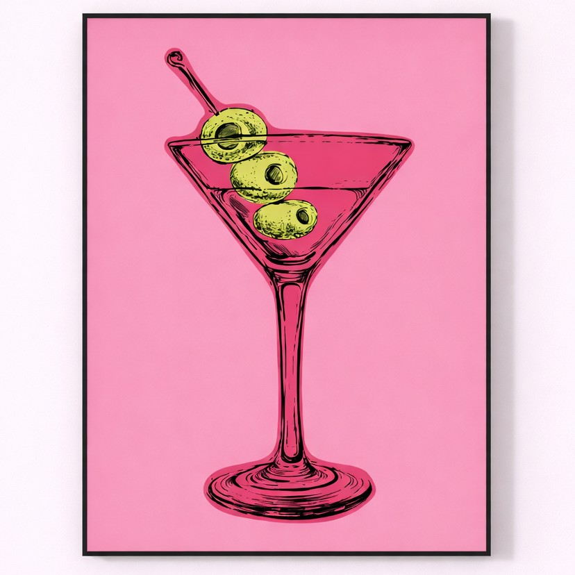 Framed artwork of a martini glass with olives on a pink background