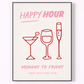 Framed poster with 'Happy Hour' text and drink icons on a white background