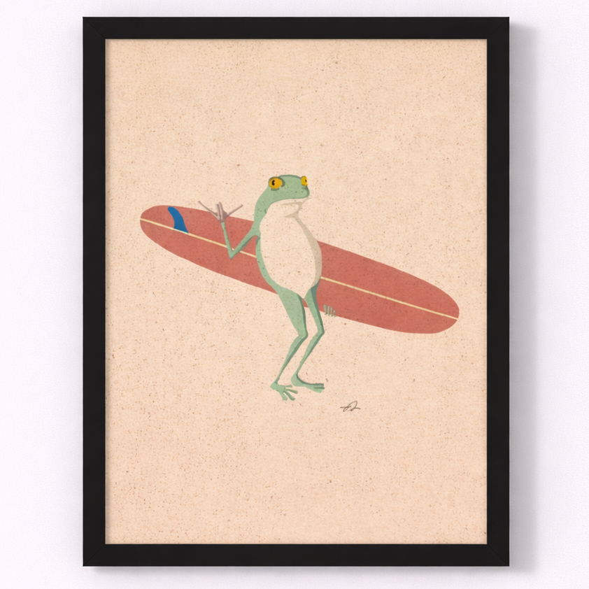 Framed artwork of a frog holding a surfboard on a beige background