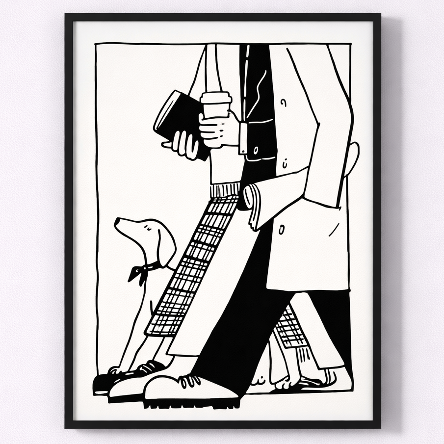 Framed black and white illustration of a person walking a dog on a leash.
