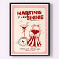 Framed poster with 'Martinis and Bikinis' text and illustrations on a pink background.