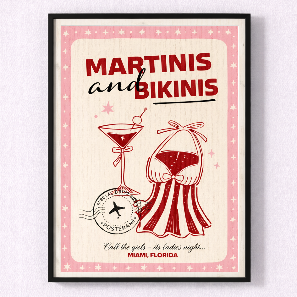 Framed poster with 'Martinis and Bikinis' text and illustrations on a pink background.