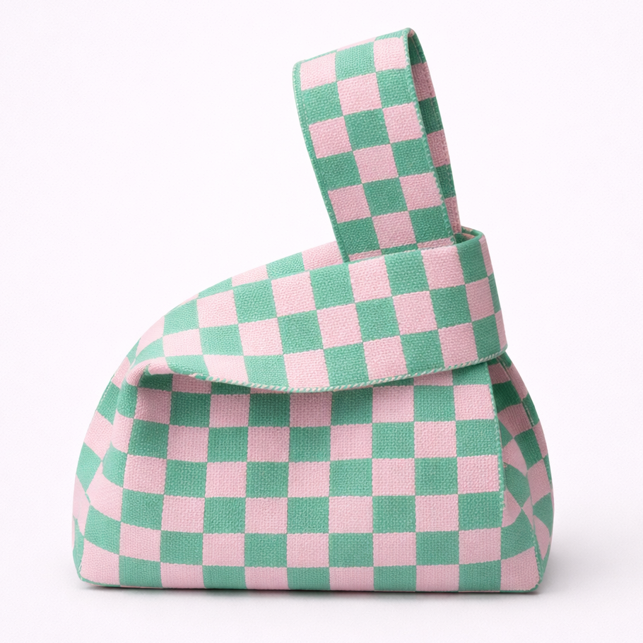 Checkered pink and green bag on a white background