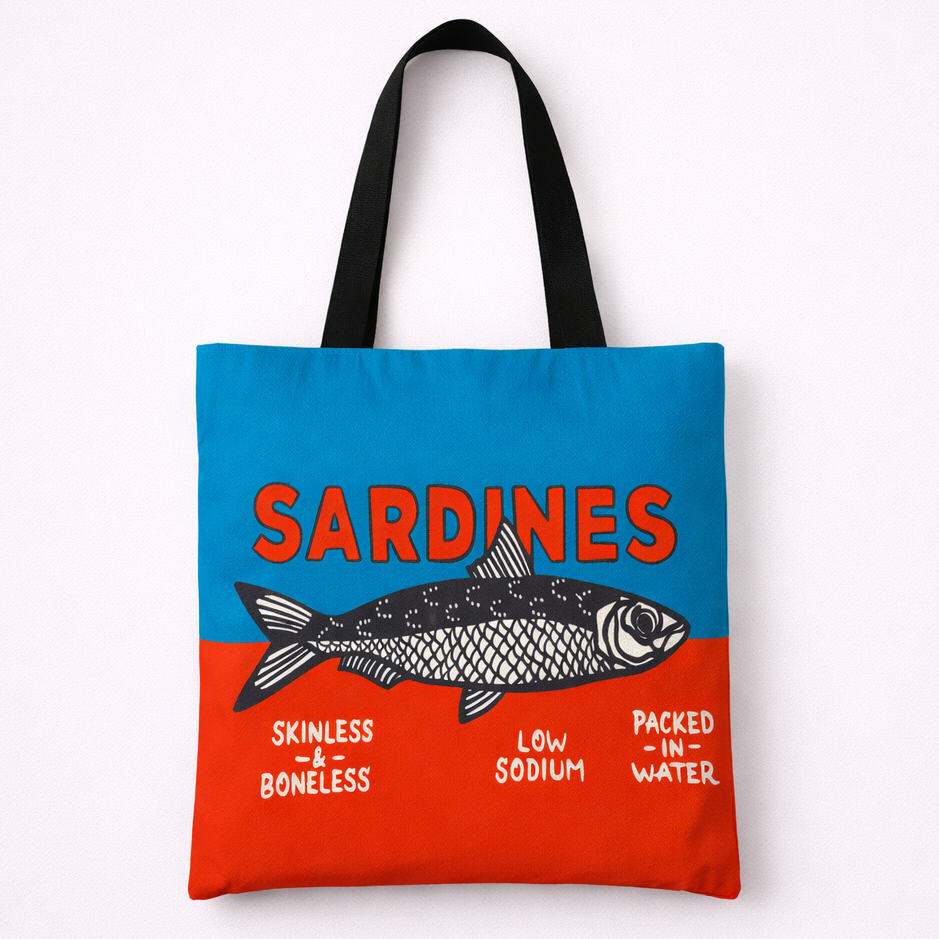 Tote bag with sardine design and text on a white background