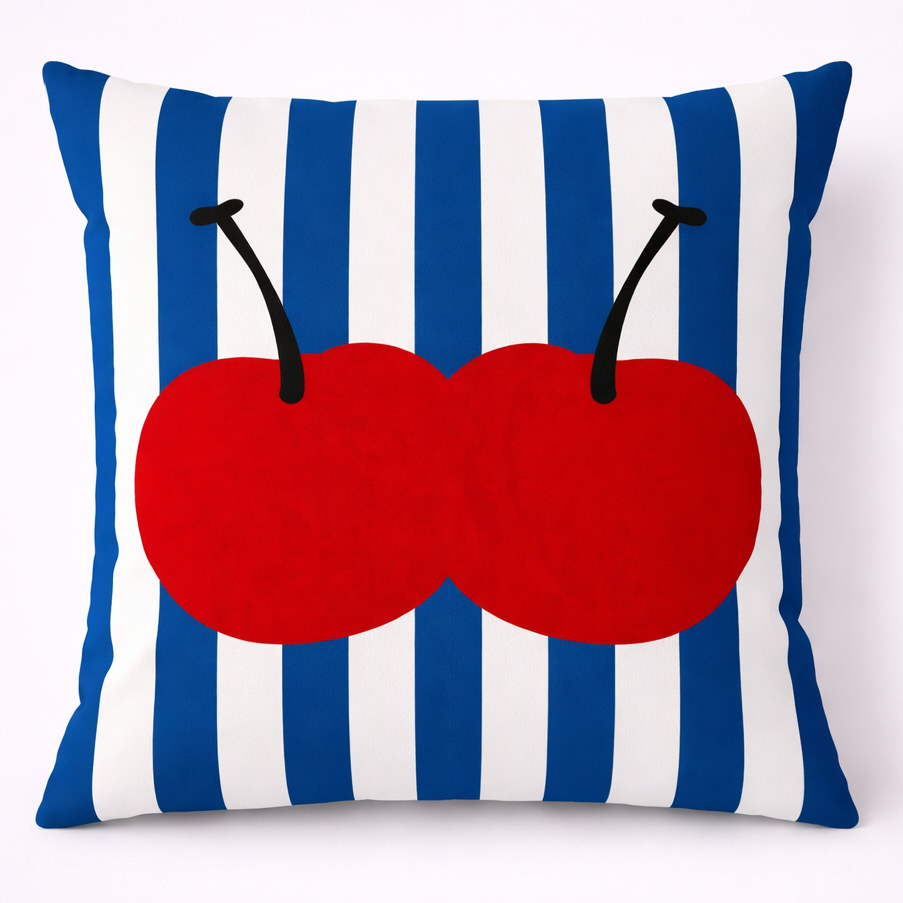 Decorative pillow with red cherries and blue and white striped background