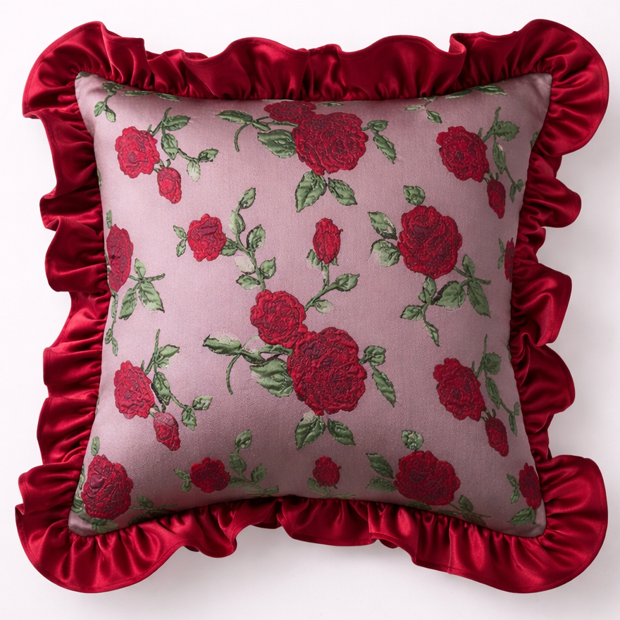 Decorative pillow with red floral pattern and ruffled edge on a white background