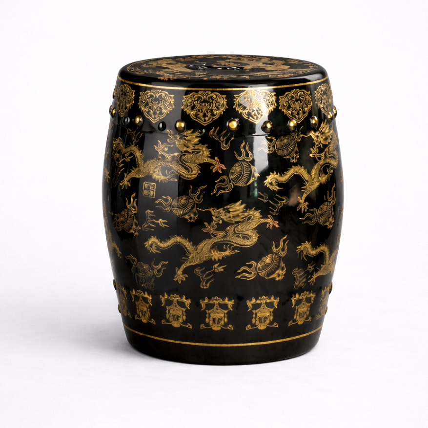 Black Gold Dragon Pattern Ceramic Stool Modern Chinese Artistic Style Round Pier Embroidered Antique Drum Stool Home Decor