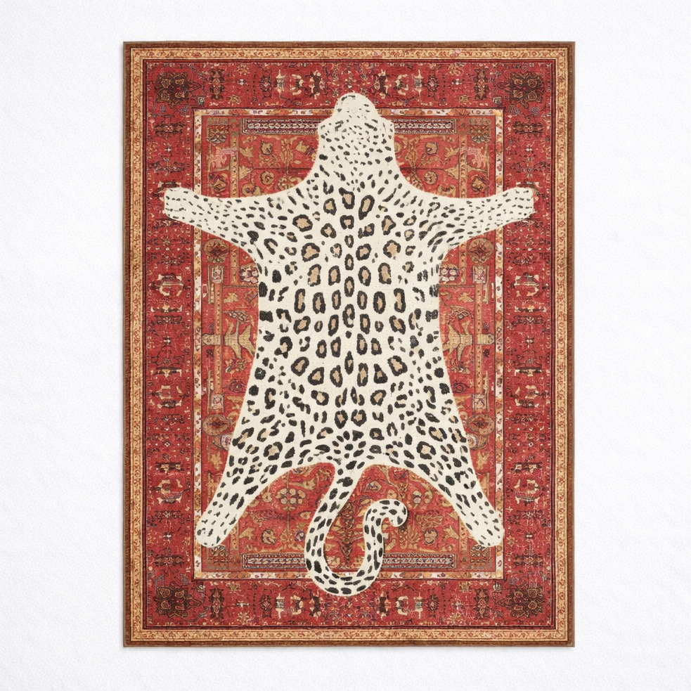 Rug with a leopard design on a red patterned background
