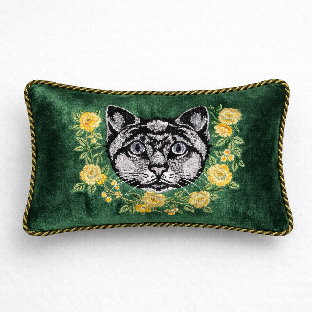 Decorative pillow with a cat design and floral elements on a white background