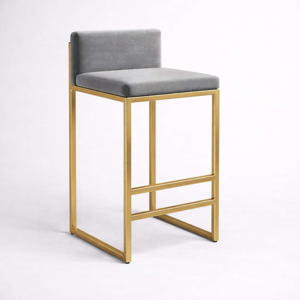 Grey and Gold Velvet Nordic Bar Stool - Soft Minimalist Style
