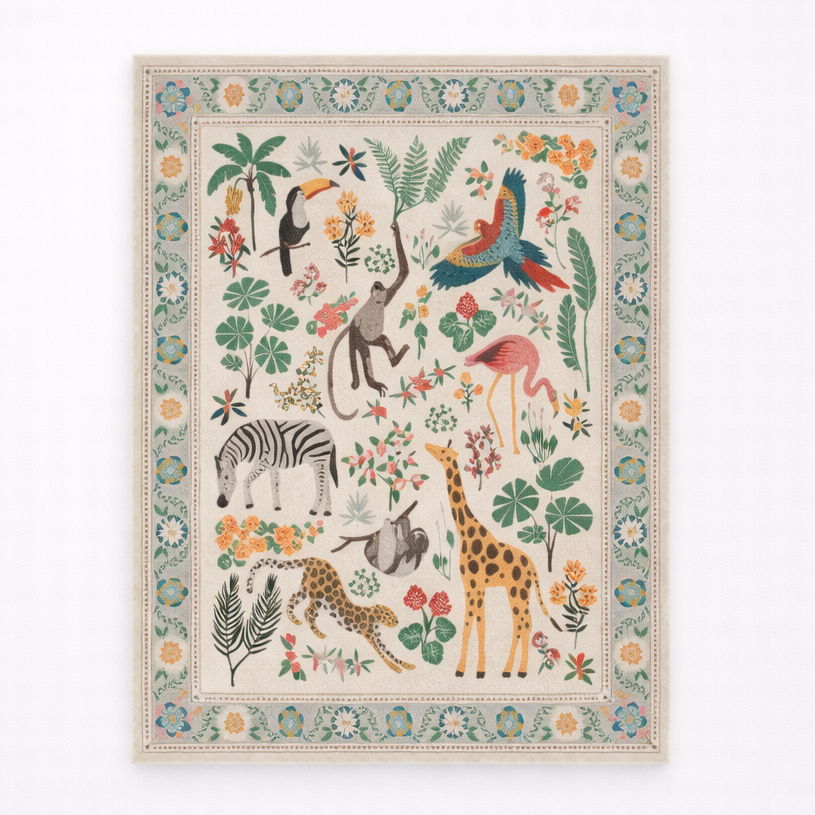 Decorative rug with colorful animal and floral pattern on a white background