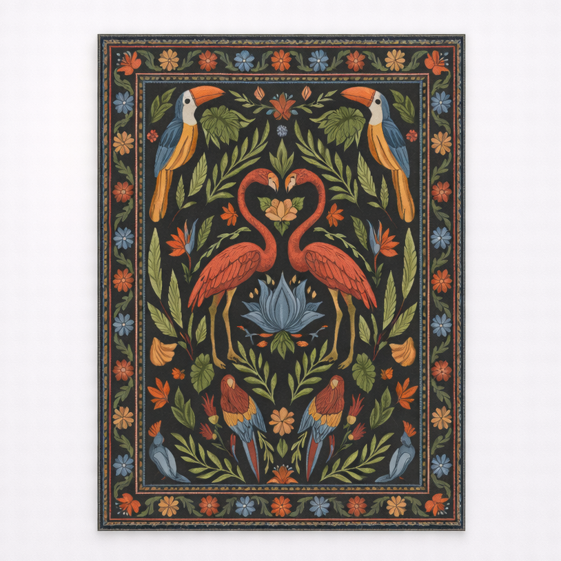Decorative rug with flamingo and parrot design on a white background