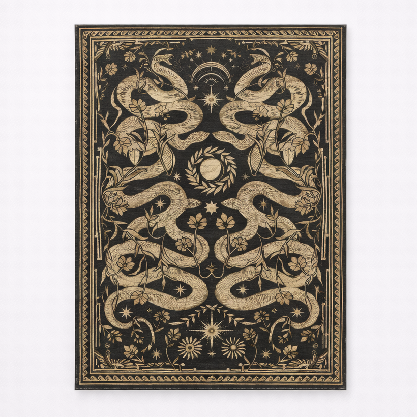 Decorative wall art with snake pattern on a black background
