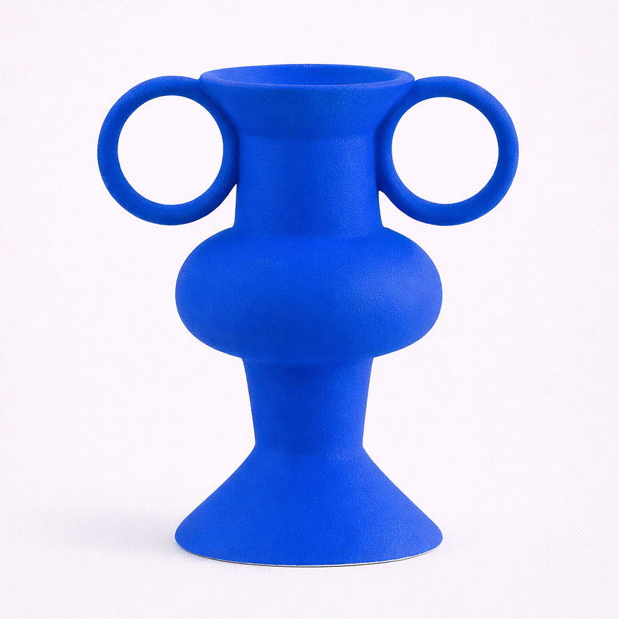 Blue vase with circular handles on a white background