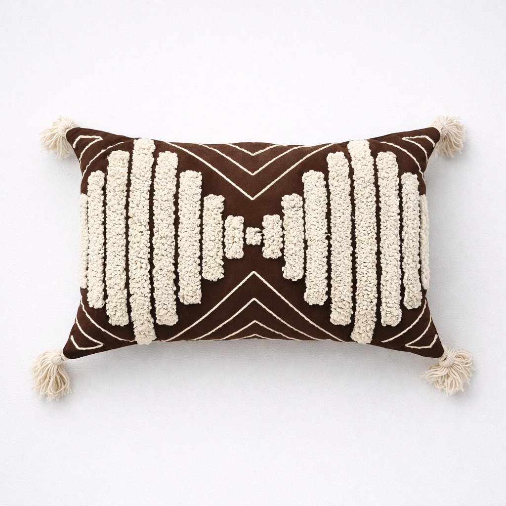 Decorative pillow with brown and white pattern on a light background