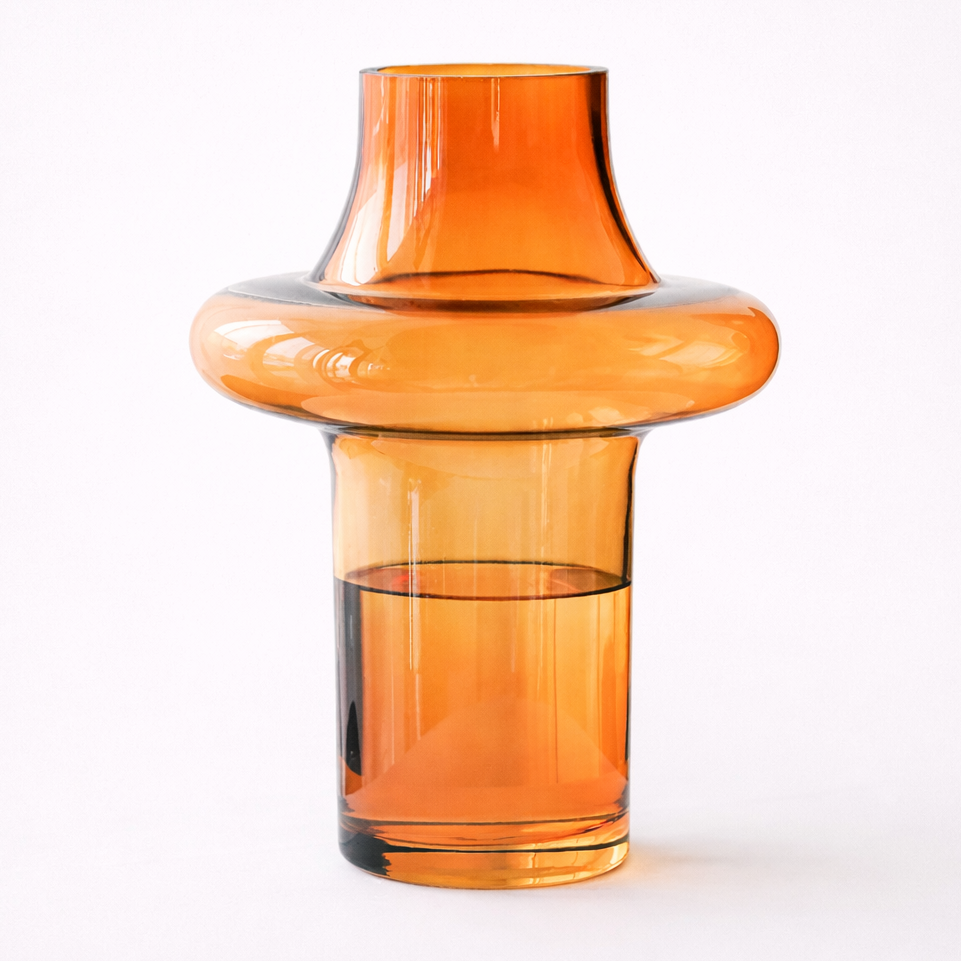 Orange glass vase with dimensions on a white background