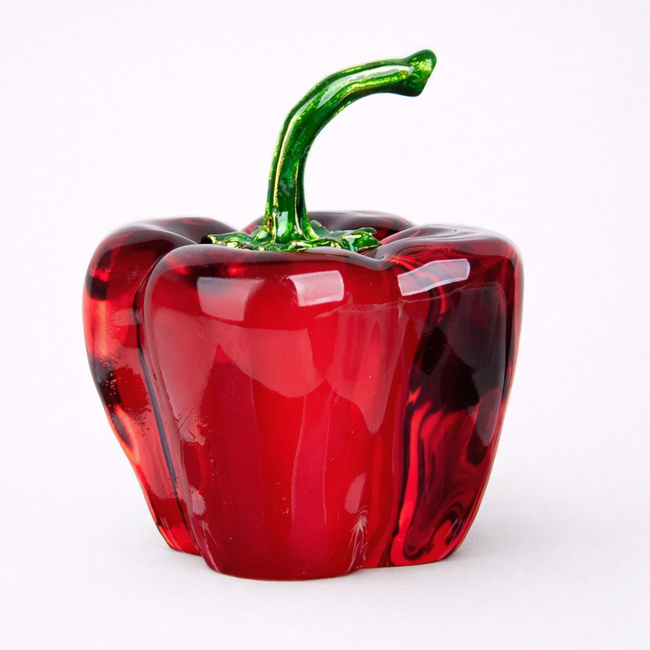 Red glass pepper with green stem on a white background