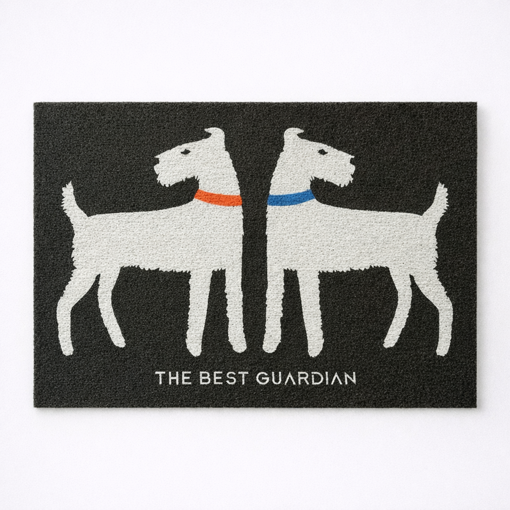 Doormat with two dogs and 'The Best Guardian' text on a black background